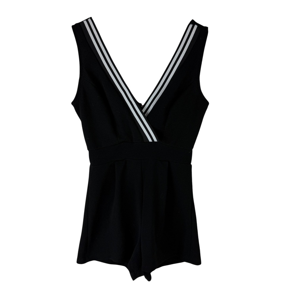 Blue Mint Women's Small Black Striped V-Neck Sleeveless Waffle Knit Romper